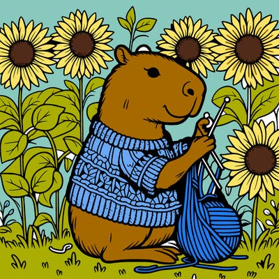 capybara crocheting a sweater in a sunflower field