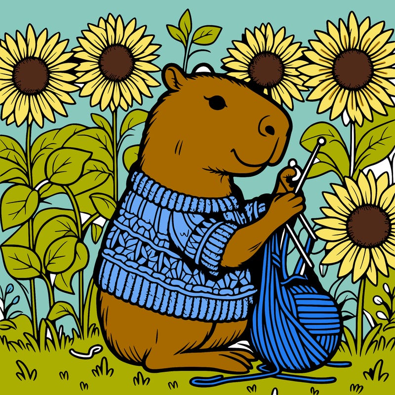 capybara crocheting a sweater in a sunflower field