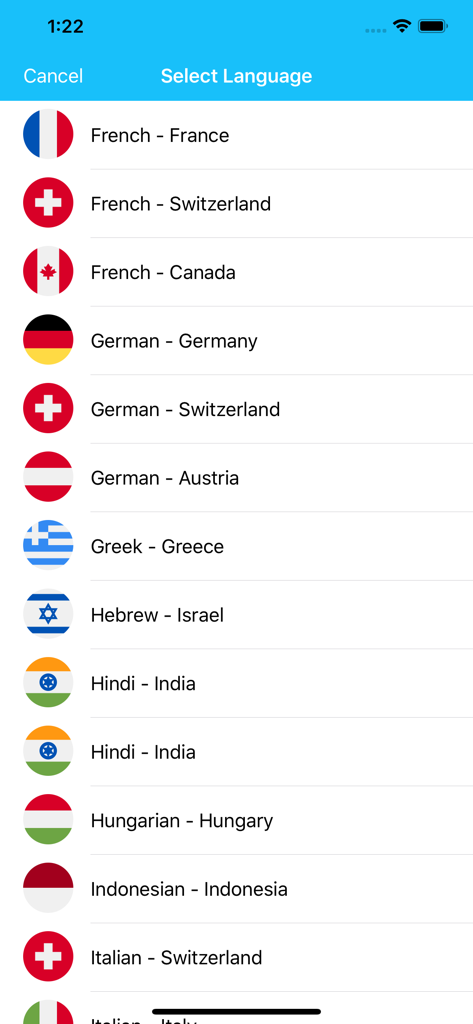 Voice Translation Lite - Language selection screen with various country flags and language options