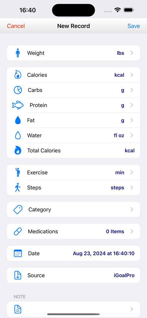 iGoal Plus - iGoal Plus app interface for logging health metrics including weight calories and water intake