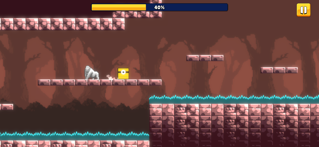 Un personnage carré jaune sautant à travers un niveau de forêt dans le jeu mobile Hero Dash Jump