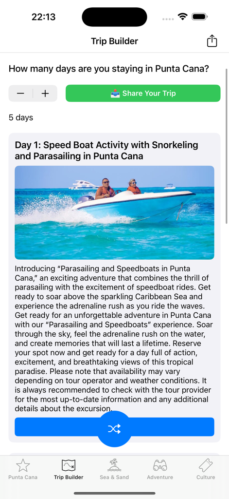 Schermata Trip Builder nell'app Punta Cana Travel che mostra un itinerario di tour in motoscafo