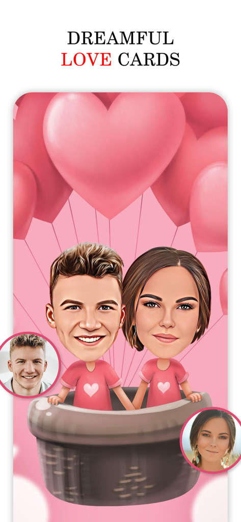 Love Cards + - Una plantilla de tarjeta electrónica romántica con la caricatura de una pareja en un globo aerostático hecha de globos de corazón rosa