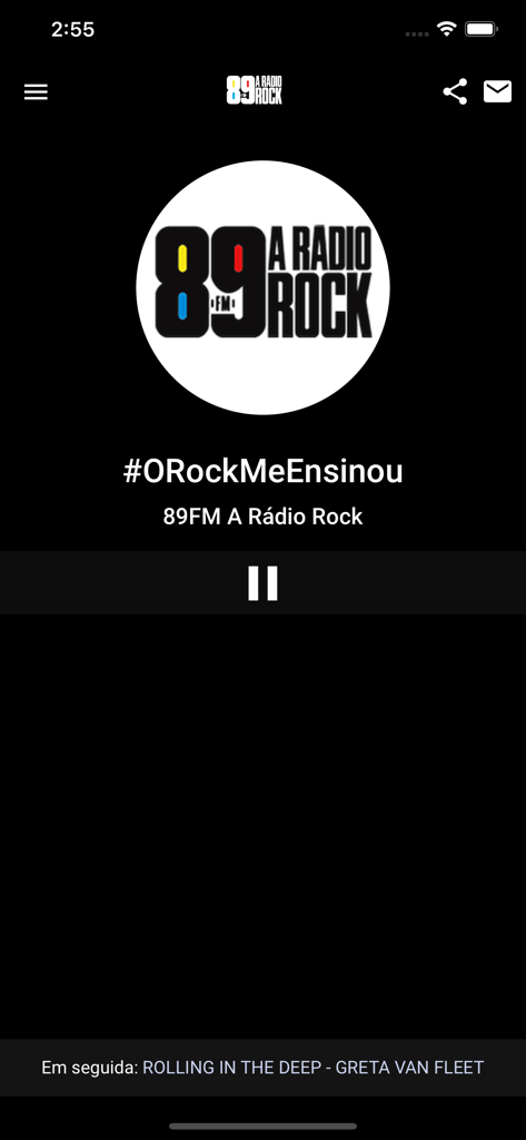 A Rádio Rock - Interface of A Radio Rock 89 FM mobile app showing the music player screen with the station logo