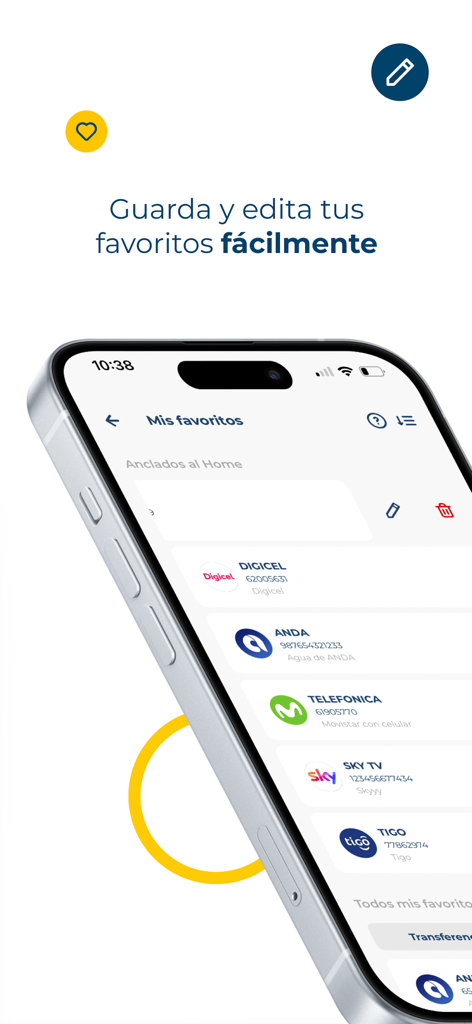 APP CUSCATLAN SV - Screenshot of the Cuscatlan SV app showing the My Favorites screen for easy management of frequent bill payments like Digicel and Tigo.
