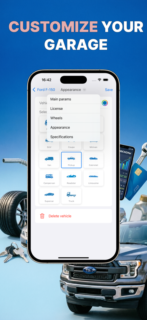 AutoStat app interface showing the customize your garage screen with different vehicle type icons