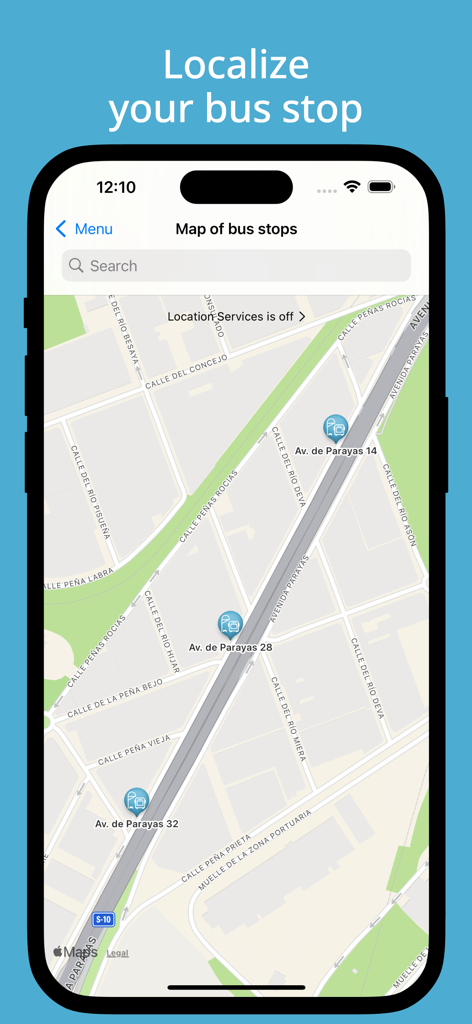 TUS - Santander buses - Una pantalla de smartphone que muestra un mapa con varios iconos de paradas de autobús en Santander España