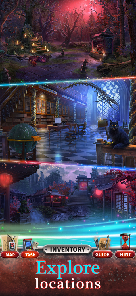 Crossroads 2 Escaping the Dark - A vertical collage of three mystical game environments including a haunted forest, a library with a black cat, and a foggy Asian-inspired village.