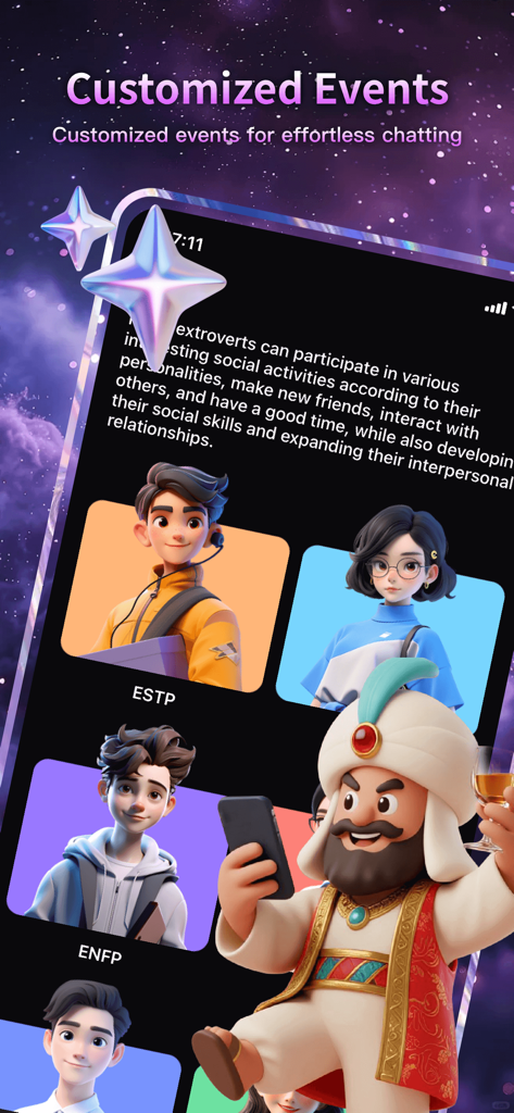 MBTIの個性タイプ（ESTPやENFPなど）が表示されたカスタマイズされたソーシャルイベントを示すKpartyアプリのインターフェース