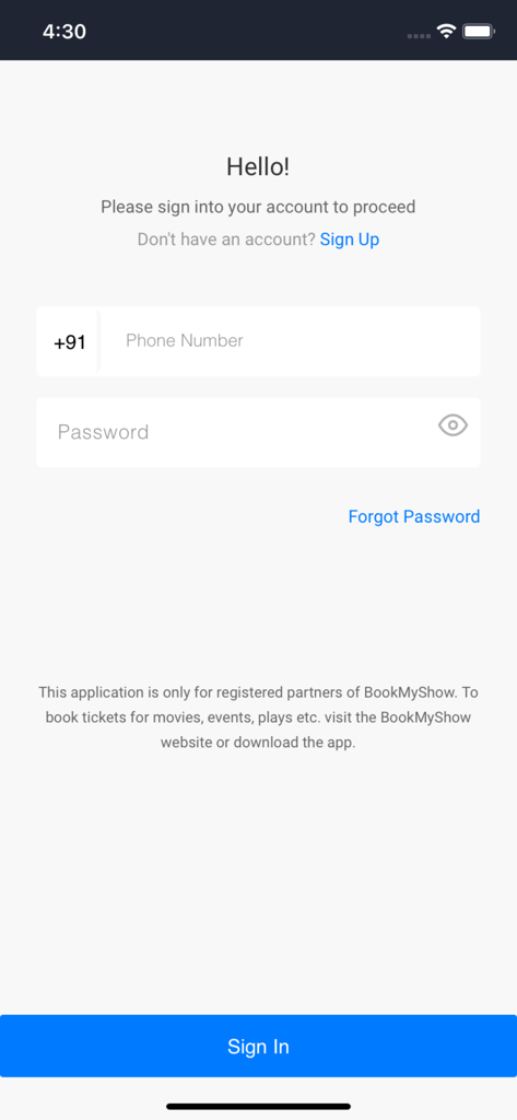 BookMyShow Partner - Écran de connexion de l'application BookMyShow Partner avec des champs pour le numéro de téléphone et le mot de passe.
