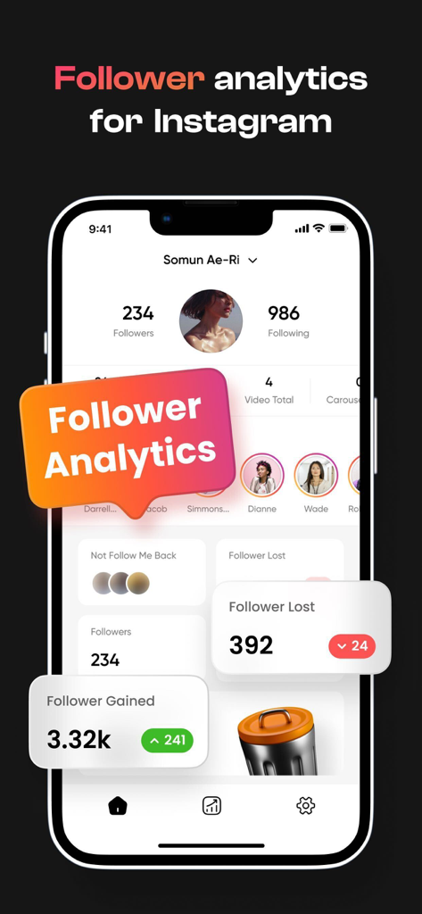 Followers+ Track for IG - A mobile interface for Followers plus showing Instagram analytics including follower gains and losses.