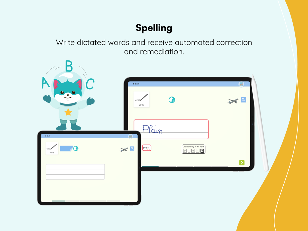 Kaligo - iPad screen showing Kaligo spelling lesson with automated correction for handwritten words