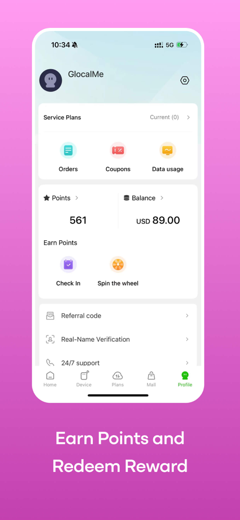 GlocalMe: Mobile Hotspot, eSIM - GlocalMe App-Profilbildschirm zeigt den Punktestand des Benutzers und Belohnungsoptionen