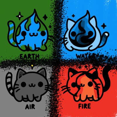 4 cats that represent the different elements, earth, water, air, and fire