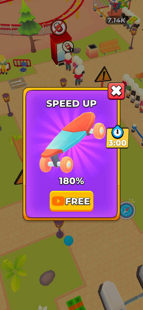 Joy Land! - Un menu contextuel dans le jeu Joy Land proposant un boost de vitesse gratuit de 180 % avec une icône de skateboard pour avoir regardé une publicité.