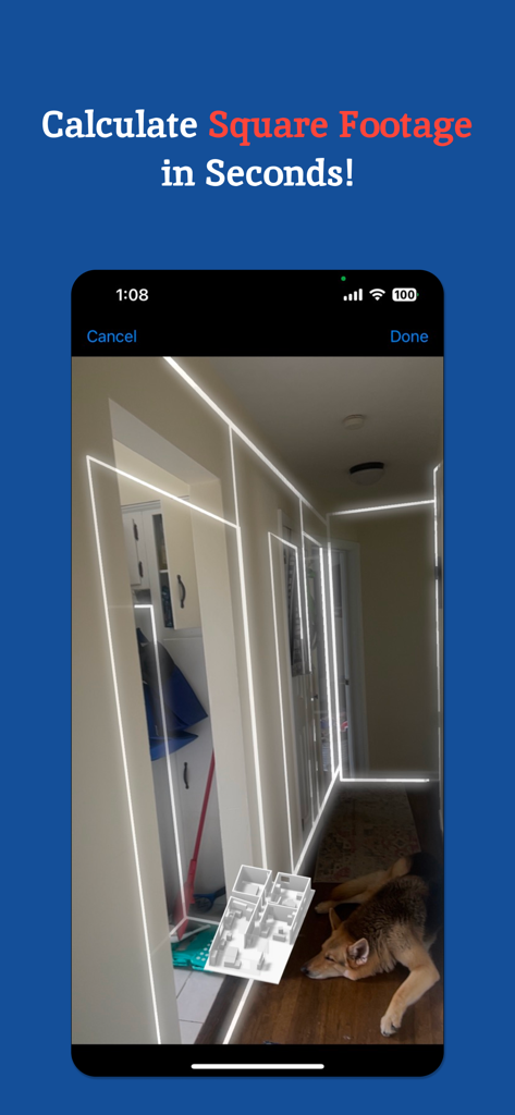 Area Calculator Floor Planner - A tela de um smartphone exibindo um escaneamento de sala LiDAR com contornos brancos nas paredes para cálculo da área em metros quadrados