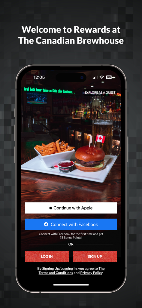 Welcome screen for the CBH Rewards mobile app featuring login options and a pub meal at The Canadian Brewhouse