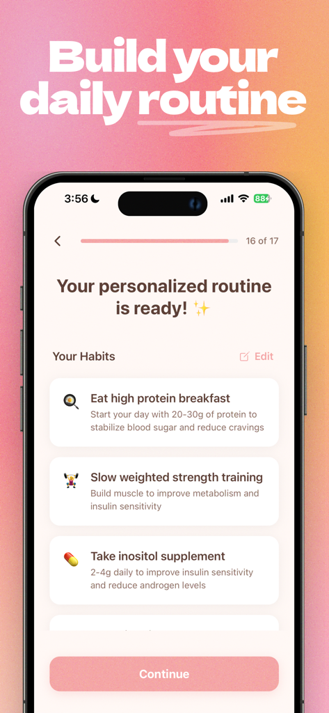 PCOS Polly - A smartphone screen from the PCOS Polly app displaying a personalized daily routine with habit recommendations for diet, exercise, and supplements.