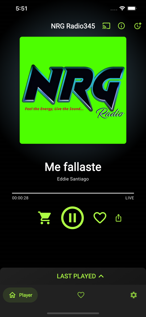 NRGradio345 - Interfaz del reproductor de música de la aplicación móvil NRG Radio345 reproduciendo 'Me fallaste' de Eddie Santiago