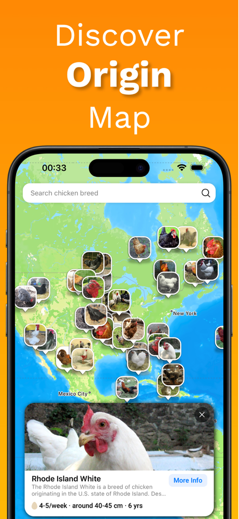 Chicken Identifier – RoostScan - Pantalla de una aplicación móvil mostrando un mapa de orígenes de razas de pollos e información detallada de razas