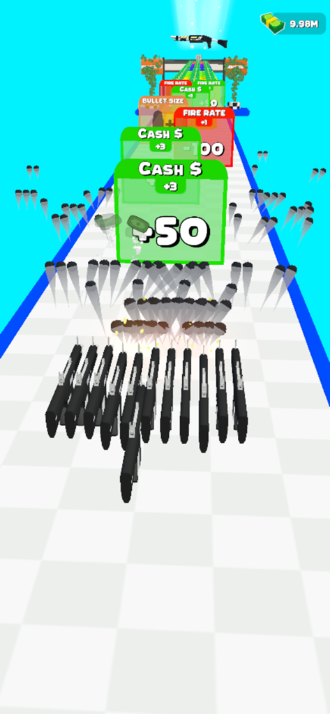 Gun Clone - Gameplay of Gun Clone mobile game showing multiple guns firing at cash and upgrade gates