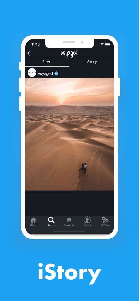 iStory for Instagram - Interfaccia dell'app iStory che mostra il feed di un account Instagram con un paesaggio desertico