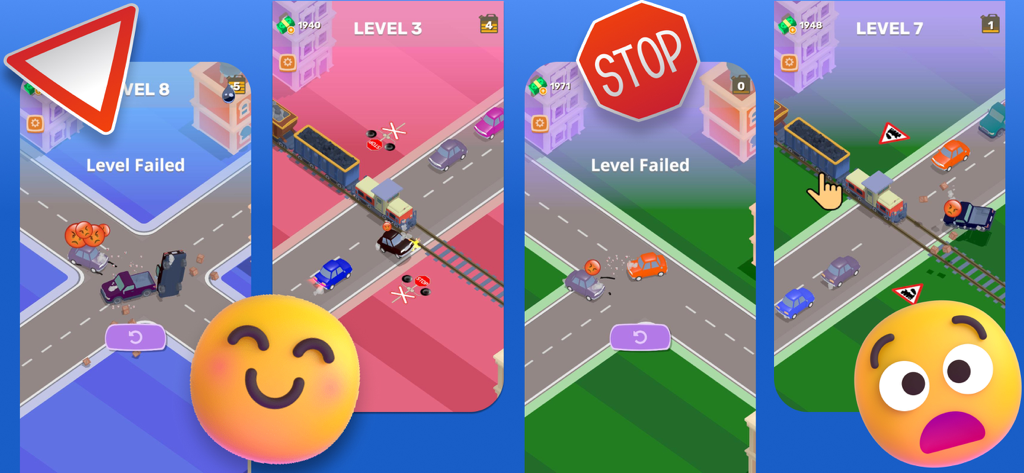 Capturas de pantalla del juego de la aplicación Car Driving School Simulator mostrando desafíos de tráfico y señales de tráfico