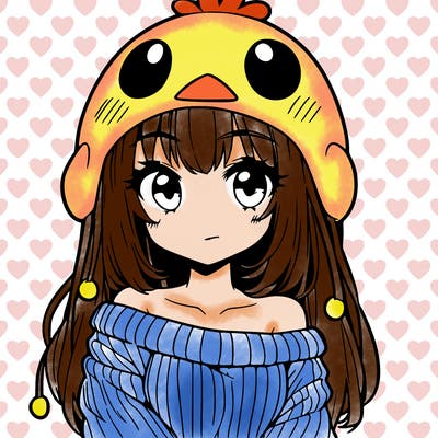 anime girl with chick shaped hat with sweater with bare shoulders with bangs covering them one eye with low tail