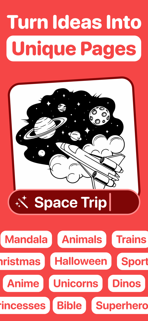 Coloring Page Generator AI - Interface of Coloring Page Generator AI showing a custom space trip coloring page and theme categories