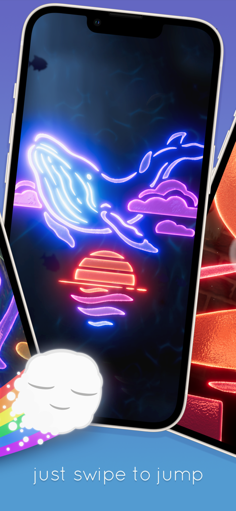 Dream Hopper - Neon whale and sunset dreamscape in the Dream Hopper mobile game