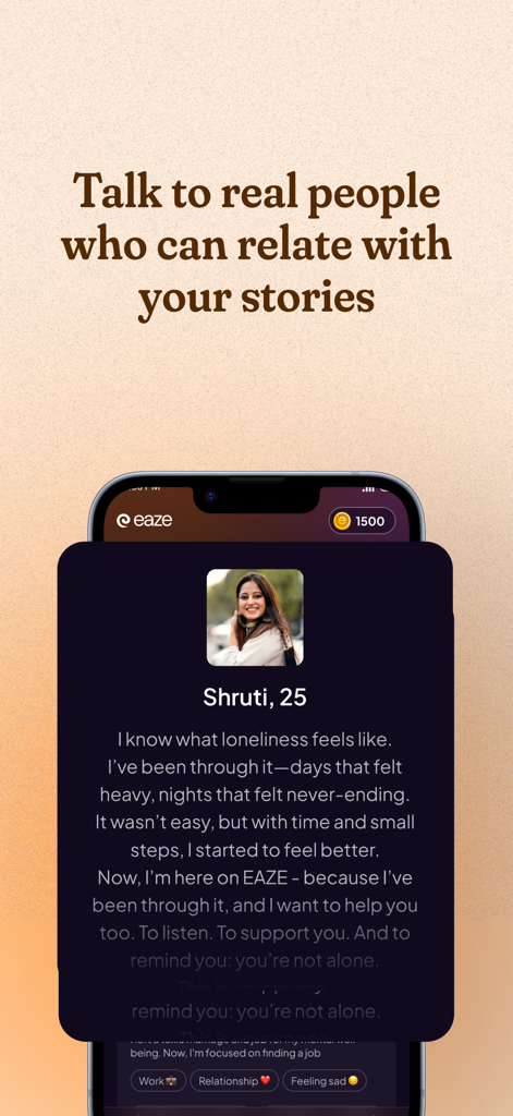 Eaze App: Talk & Feel better - Eazeアプリは、孤独についての共感的なメッセージを持つシュルティという名前の共感できるリスナーのプロファイルカードを表示しています。