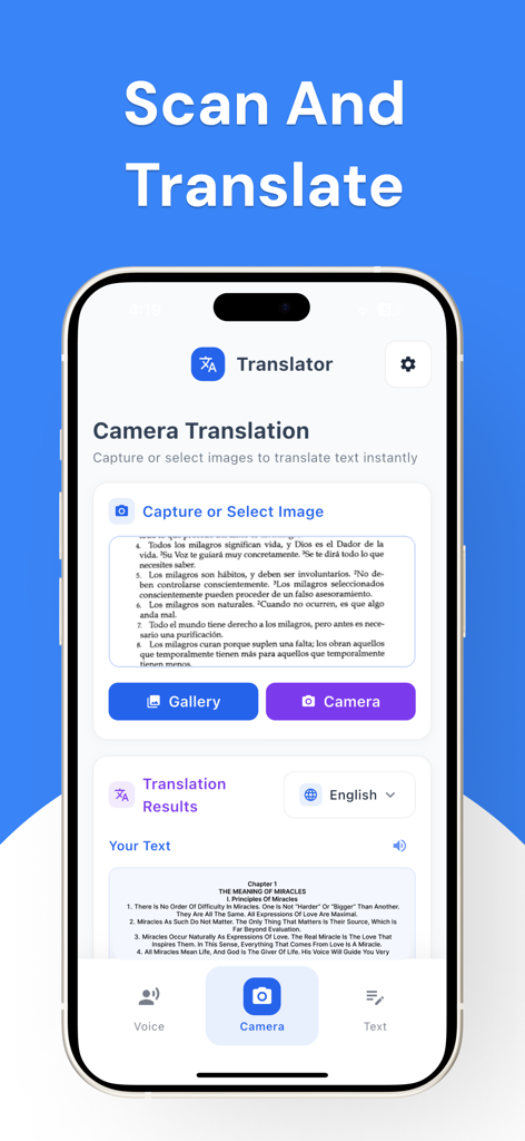 Live Translator - Voice & Text - A smartphone screen showcasing the camera translation feature of the Live Translator app for scanning and translating documents
