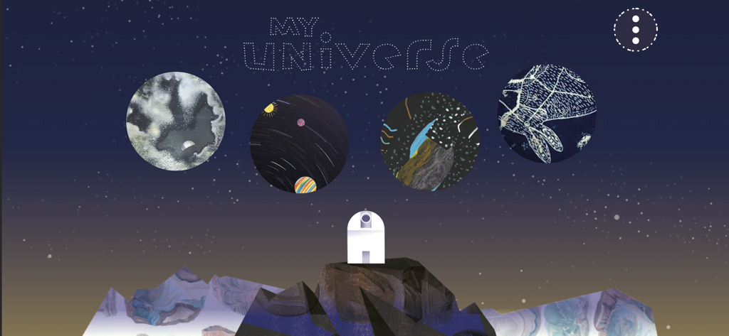myUniverse - a cosmic journey - The main menu of the myUniverse app featuring cosmic creative activities and an observatory against a starry sky.