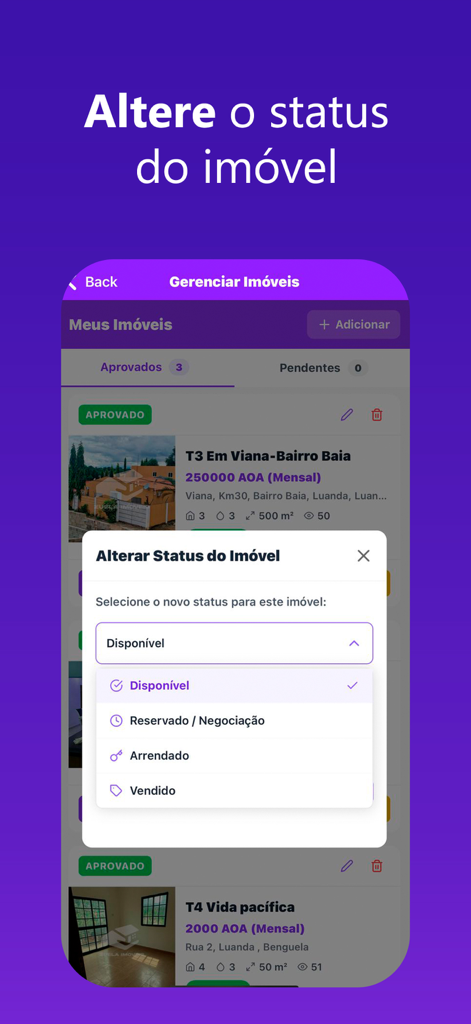 Zuela Imoveis - Mobile app screen for changing property status such as available reserved rented or sold on Zuela Imoveis
