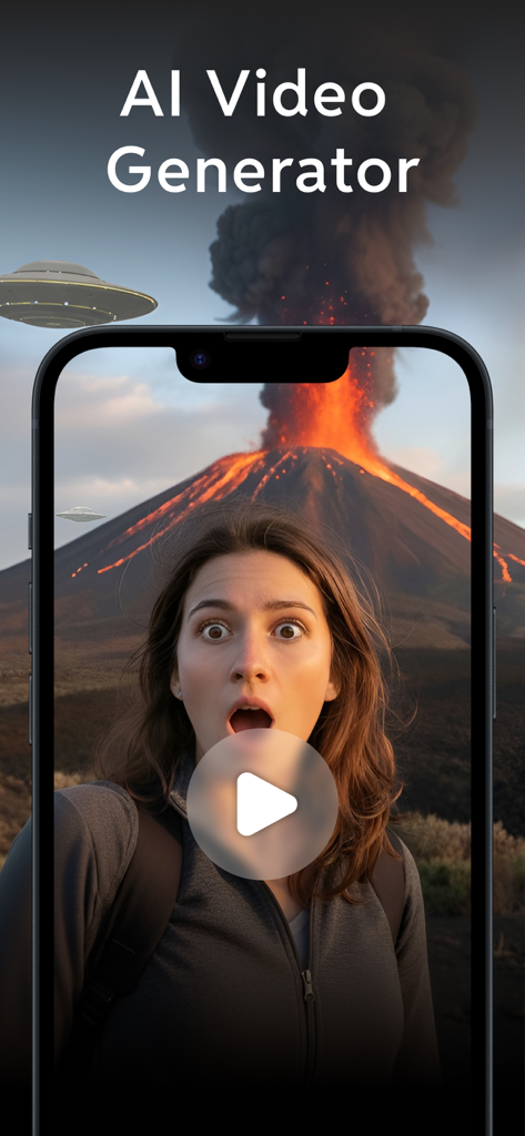 NENA AI Video Generator Pro - NENA AI Video Generator Pro app interface showing an AI generated video of a woman with an erupting volcano and UFO background