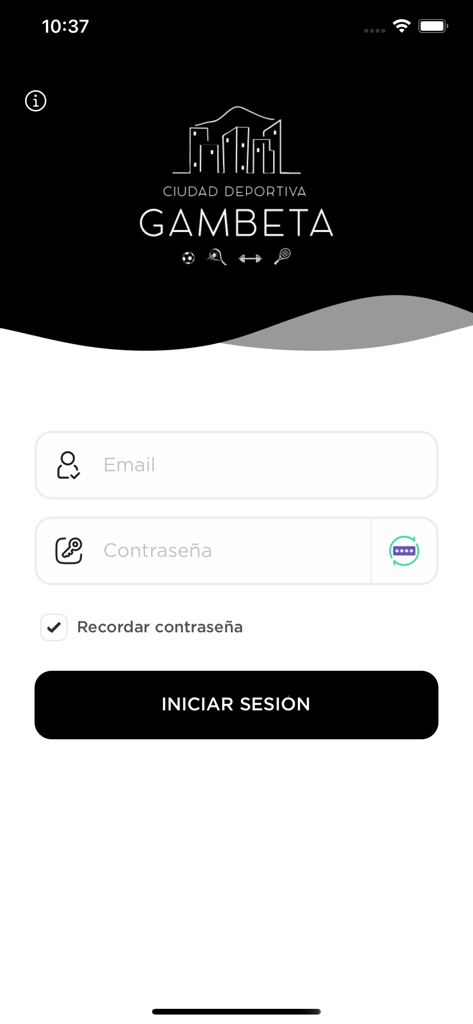Ciudad Deportiva Gambeta - Pantalla de inicio de sesión de la app Ciudad Deportiva Gambeta con campos para correo electrónico y contraseña en español