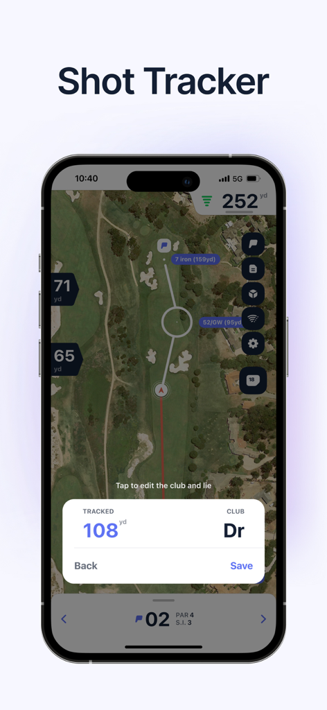 Hole19: Golf GPS Range Finder - Hole19-App-Screenshot, der die Shot-Tracker-Funktion mit einer GPS-Platzkarte und Shot-Distanzdaten anzeigt.