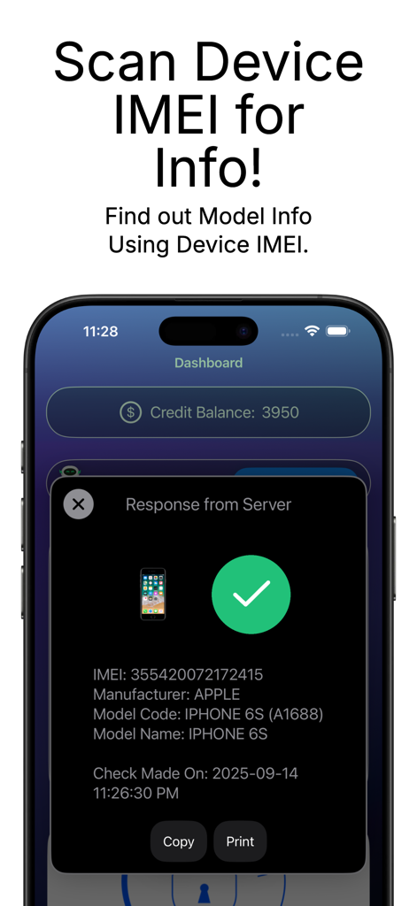 Interfaz de la aplicación ScanDeviceInfo que muestra información detallada del modelo de iPhone 6S recuperada de un escaneo IMEI.