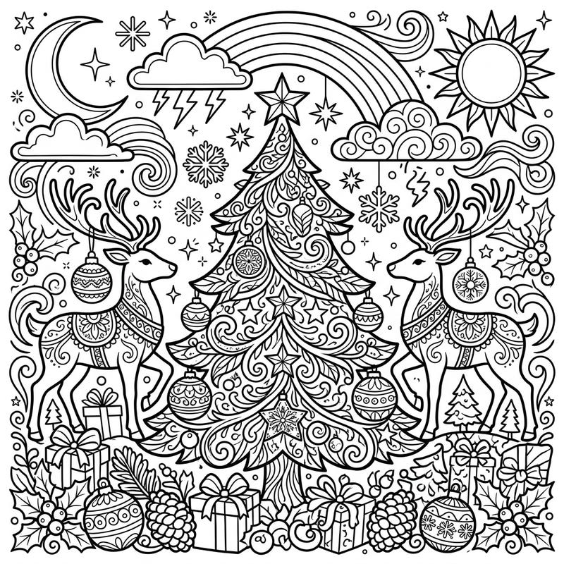 Unleash your creativity with this unique adult coloring page blending the wonder of weather elements with the festive spirit of Christmas. Enjoy intricate details and a harmonious design perfect for mindful relaxation during the holidays.