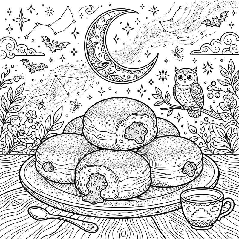 Unwind with this enchanting coloring page featuring delicious jelly doughnuts under a whimsical night sky. Discover a magical world filled with twinkling stars, a crescent moon, and friendly nocturnal creatures.