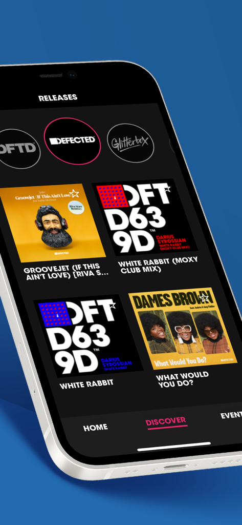 Smartphone screen showing latest house music releases and label logos in the Defected app