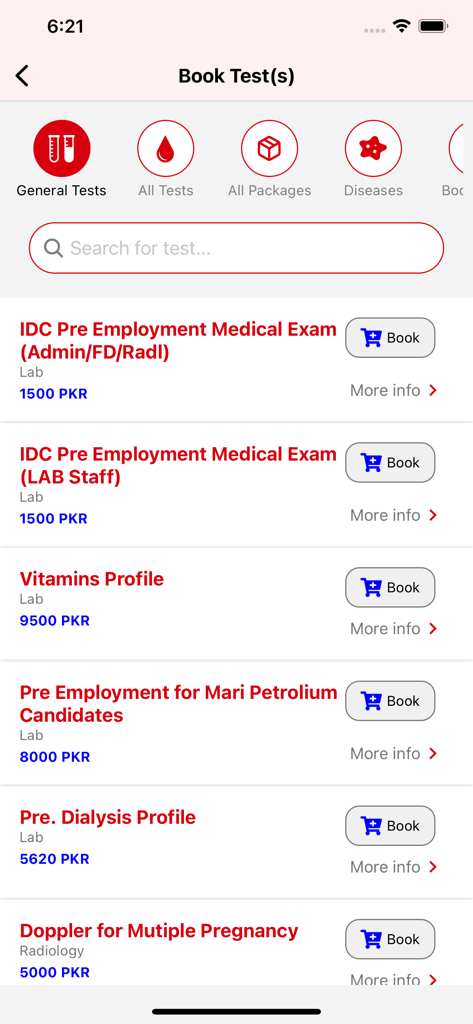 My IDC - Interface of the My IDC app displaying a list of available lab tests with prices and booking options