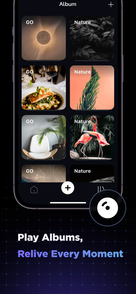 Lyrimusic app screenshot showing a music album library with a grid of photo-based cover art and the text Play Albums, Relive Every Moment.