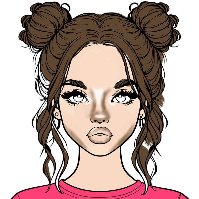 realistic girl with two buns in hair and lips