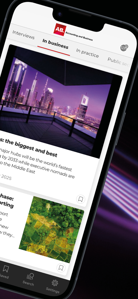 ACCA AB magazine - The ACCA AB magazine app displaying accounting and financial news articles on a smartphone