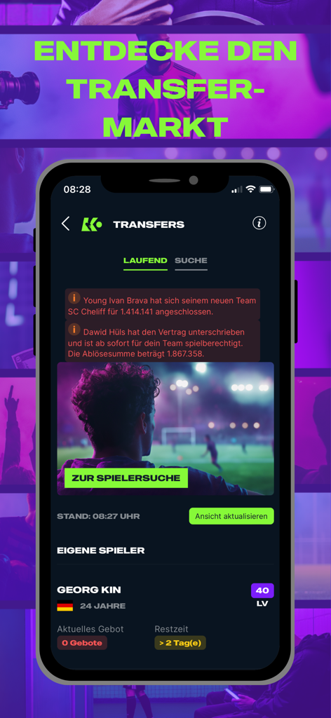 KINGS OF FOOTBALL - KoF - Smartphone mostrando la pantalla del mercado de transferencias del juego de gestión Kings of Football