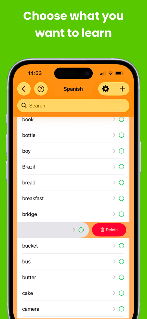 Drawn from Memory – Languages - Screenshot of the Drawn from Memory app showing a list of English words like book and bottle to learn in Spanish