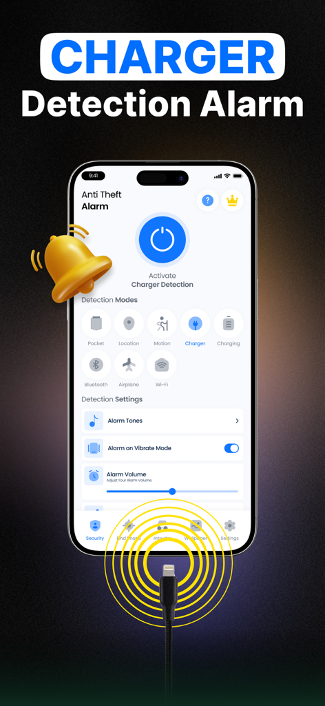 Anti Theft Phone Alarm - Anti Theft Phone Alarm interface with charger detection mode enabled