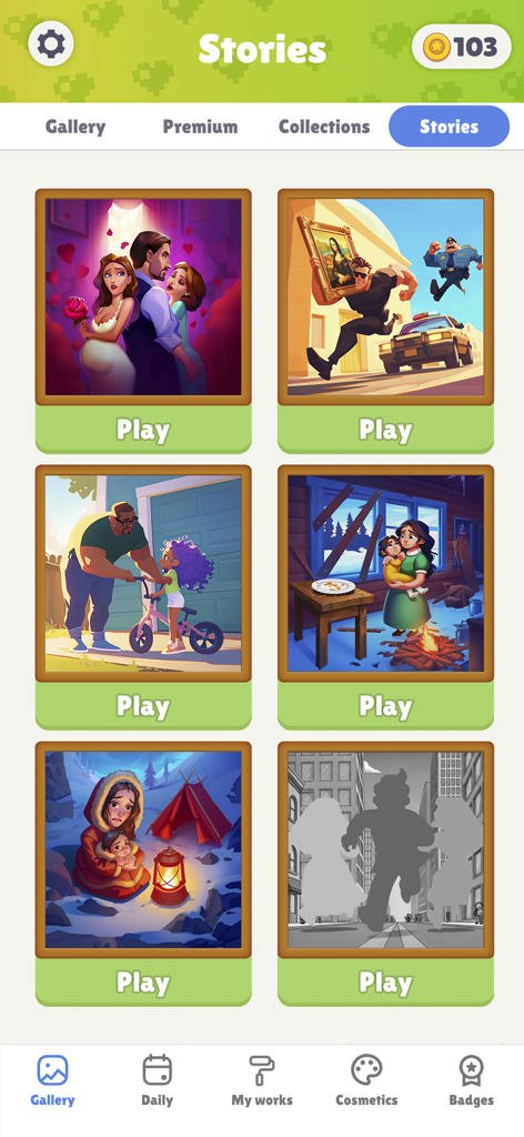 Pantalla de la aplicación Tap Gallery que muestra una selección de rompecabezas de historias ilustrados.