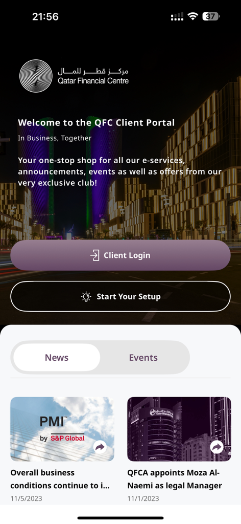 QFC Client - The welcome screen of the QFC Client Portal mobile app featuring login options and business news.